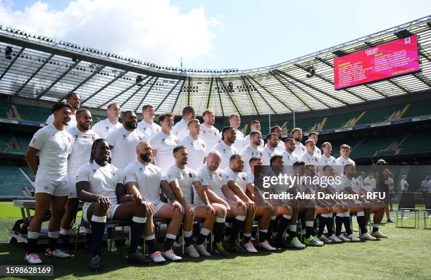 England pose for a photo during the England Rugby World Cup Squad Announcement at Twickenham Stadium on August 07, 2023 in London, England.