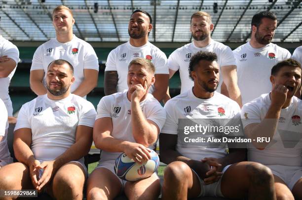 Jack Walker, Manu Tuilagi, Elliot Daly, Ellis Genge , Owen Farrell and Courtney Lawers during the England Rugby World Cup Squad Announcement at...