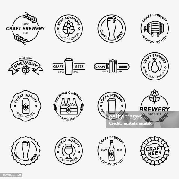 stockillustraties, clipart, cartoons en iconen met black and white line art craft brewery badges - speciaalbier