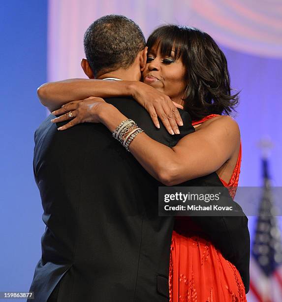 President Barack Obama and first lady Michelle Obama dance together during The Inaugural Ball at the Walter E. Washington Convention Center on...