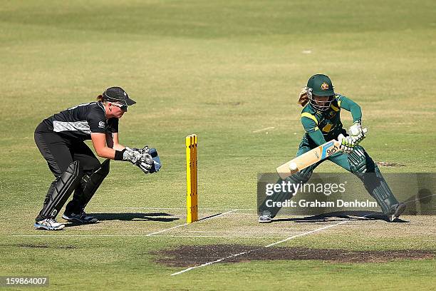 Jodie Fields of Australia bats during the Women's International Twenty20 match between the Australian Southern Stars and New Zealand at Junction Oval...