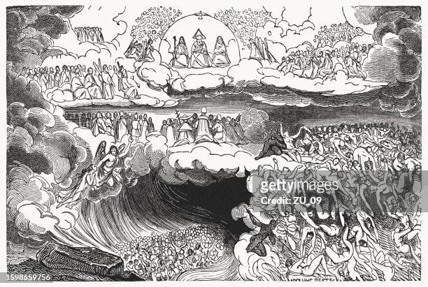 the last judgment (matthew 25, 46), wood engraving, published 1837 - heaven hell stock illustrations