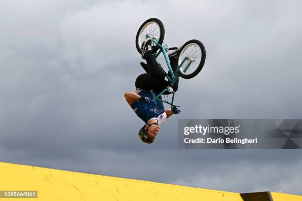 Bryce Tryon of the United States competes in his second run during the BMX freestyle Park, men elite - final at the 96th UCI Glasgow 2023 Cycling...