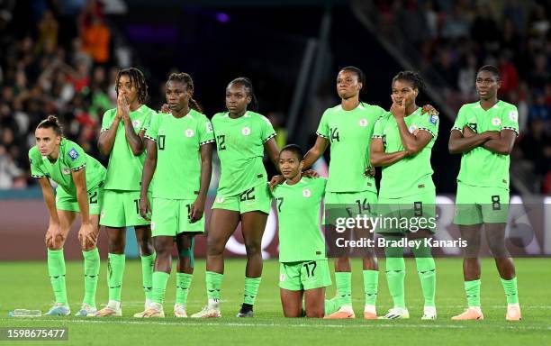 Nigeria players look dejected during the penalty shoot out during the FIFA Women's World Cup Australia & New Zealand 2023 Round of 16 match between...