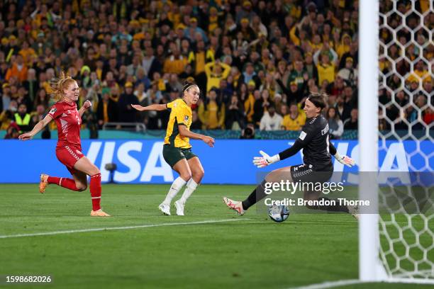 Caitlin Foord of Australia scores her team's first goal during the FIFA Women's World Cup Australia & New Zealand 2023 Round of 16 match between...