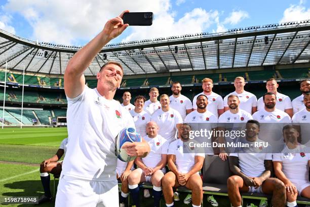 Owen Farrell of England takes a selfie with his team mates during the England Rugby World Cup 2023 Squad Announcement at Twickenham Stadium on August...