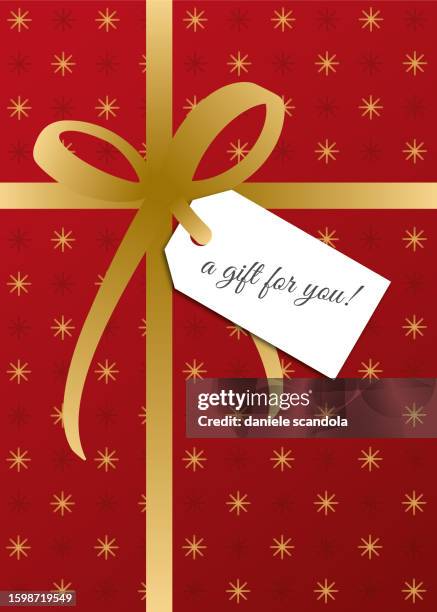 stockillustraties, clipart, cartoons en iconen met christmas box with gift tag and golden bow. - gift tag and christmas