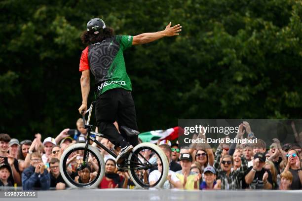 Kevin Peraza Garcia of Mexico celebrates after his first run during the BMX freestyle Park, men elite - final at the 96th UCI Glasgow 2023 Cycling...