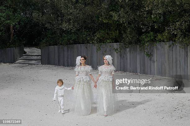 Models walk the runway during the Chanel Spring/Summer 2013 Haute-Couture show as part of Paris Fashion Week at Grand Palais on January 22, 2013 in...