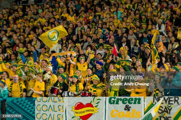 Team Australia's supporters are seen during the FIFA Women's World Cup Australia & New Zealand 2023 Round of 16 match between Australia and Denmark...