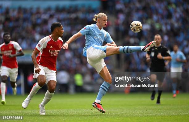 Erling Haaland of Manchester City controls the ball during The FA Community Shield match between Manchester City against Arsenal at Wembley Stadium...