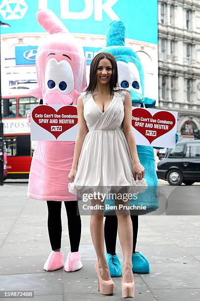 Lacey Banghard attends a photocall for PETA to encourage pet owners to have their cats and dogs sterilised at Picadilly Circus on January 22, 2013 in...