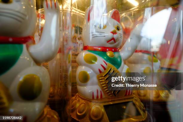 Maneki-neko, a japanese figurine that is often believed to bring good luck to the owner, are seen for sale in Markthal on August 12, 2023 in...