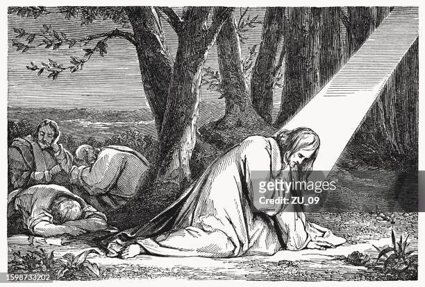 jesus im garten gethsemane (matthäus 26), holzschnitt, 1837 - garden of gethsemane stock-grafiken, -clipart, -cartoons und -symbole