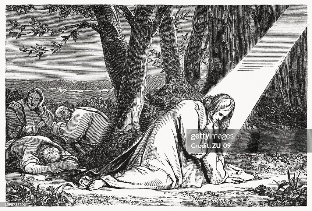 Jesús en el jardín de Getsemaní (Mateo 26), xilografía, 1837