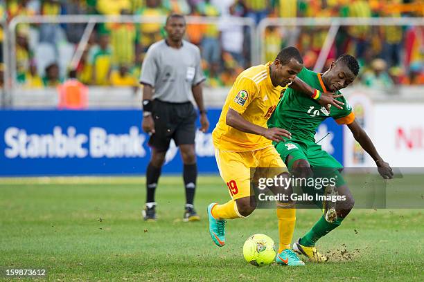 Gebreyes Adane Girma and Nathan Sinkala during the 2013 Orange African Cup of Nations match between Zambia and Ethiopia from Mbombela Stadium on...