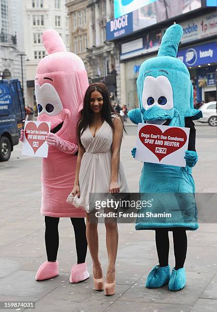 Lacey Banghard attends a photocall for PETA to encourage pet owners to have their cats and dogs sterilised at Picadilly Circus on January 22, 2013 in...