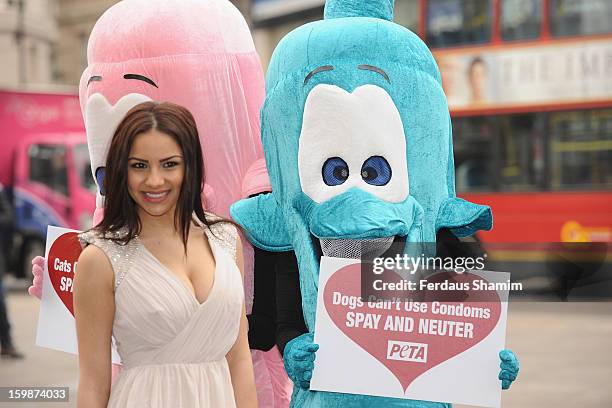 Lacey Banghard attends a photocall for PETA to encourage pet owners to have their cats and dogs sterilised at Picadilly Circus on January 22, 2013 in...