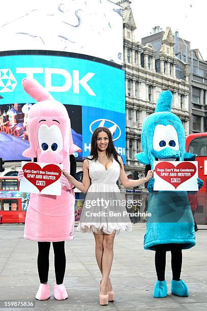 Lacey Banghard attends a photocall for PETA to encourage pet owners to have their cats and dogs sterilised at Picadilly Circus on January 22, 2013 in...