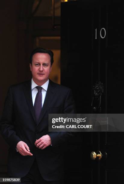 British Prime Minister David Cameron prepares to greet Emir of Qatar Sheikh Hamad bin Khalifa al-Thani at 10 Downing Street in central London on...