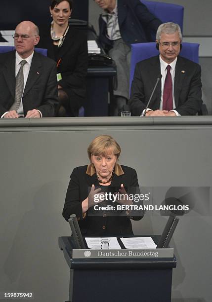 German Chancellor Angela Merkel delivers a speech as French National Assembly President Claude Bartolone and German Bundestag President Norbert...