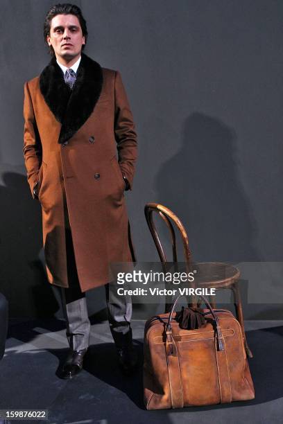 Model presents the Berluti Ready to Wear Fall/Winter 2013-2014 presentation at the Great Gallery of Evolution in the National Museum of Natural...