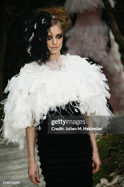 Model walks the runway during the Chanel Spring/Summer 2013 Haute-Couture show as part of Paris Fashion Week at Grand Palais on January 22, 2013 in...