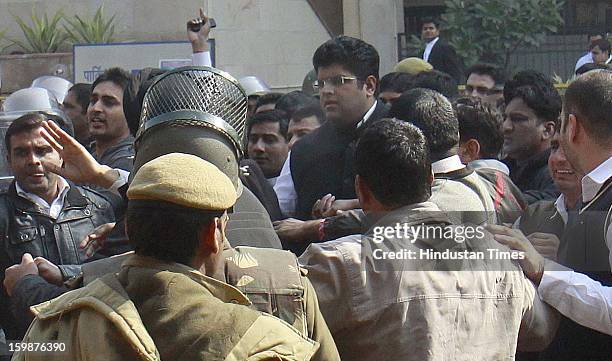 Grand son of Om Prakash chautala with INLD Suppoter arrive in Court after delhi Police use tear gas to control supporters of INLD after a violence...