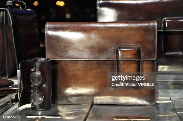 Details at the Berluti Ready to Wear Fall/Winter 2013-2014 presentation at the Great Gallery of Evolution in the National Museum of Natural History,...