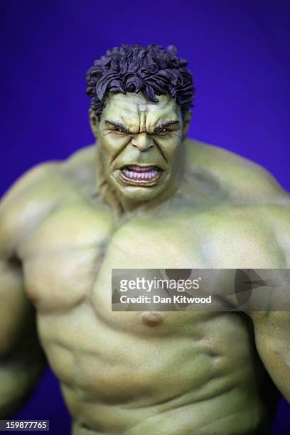 An Incredible Hulk toy is displayed on a trade stand during the 2013 London Toy Fair at Olympia Exhibition Centre on January 22, 2013 in London,...