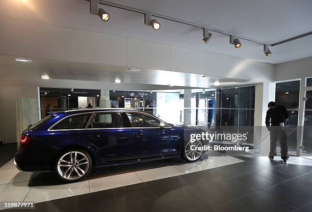 The new Audi RS6 Quattro automobile, produced by Audi AG, is seen on display inside the Steigenberger Belvedere hotel as part of Audi's preparation...