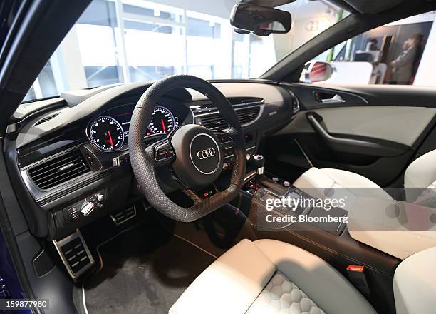 The interior of the new Audi RS6 Quattro automobile, produced by Audi AG, is seen on display inside the Steigenberger Belvedere hotel as part of...