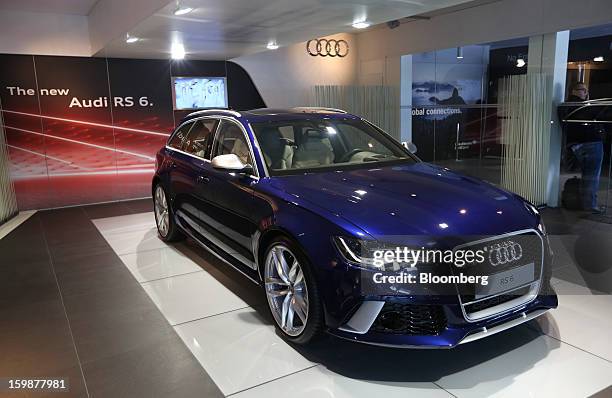 The new Audi RS6 Quattro automobile, produced by Audi AG, is seen on display inside the Steigenberger Belvedere hotel as part of Audi's preparation...