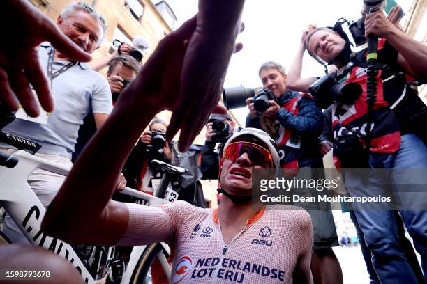 Gold medal winner, Mathieu Van Der Poel of The Netherlands reacts after the 96th UCI Cycling World Championships Glasgow 2023, Men Elite Road Race a...