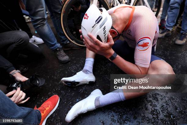 Gold medal winner, Mathieu Van Der Poel of The Netherlands reacts after the 96th UCI Cycling World Championships Glasgow 2023, Men Elite Road Race a...