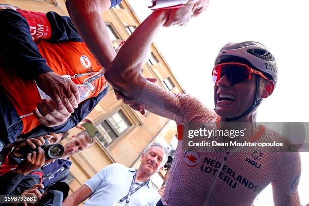 Gold medal winner, Mathieu Van Der Poel of The Netherlands reacts after the 96th UCI Cycling World Championships Glasgow 2023, Men Elite Road Race a...