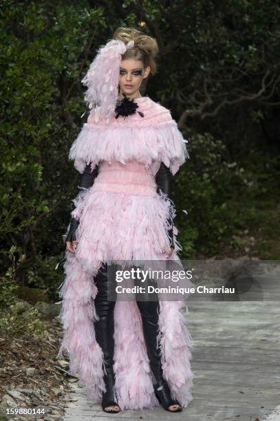 Model walks the runway during the Chanel Spring/Summer 2013 Haute-Couture show as part of Paris Fashion Week at Grand Palais on January 22, 2013 in...