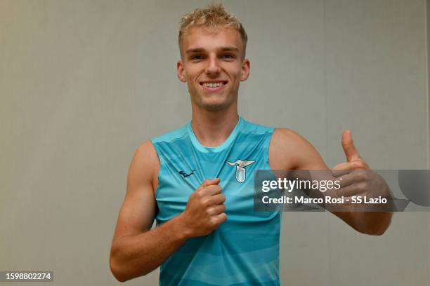 Lazio new signing Gustav Isaksen after medical tests at the Paideia International Hospital on August 07, 2023 in Rome, Italy.