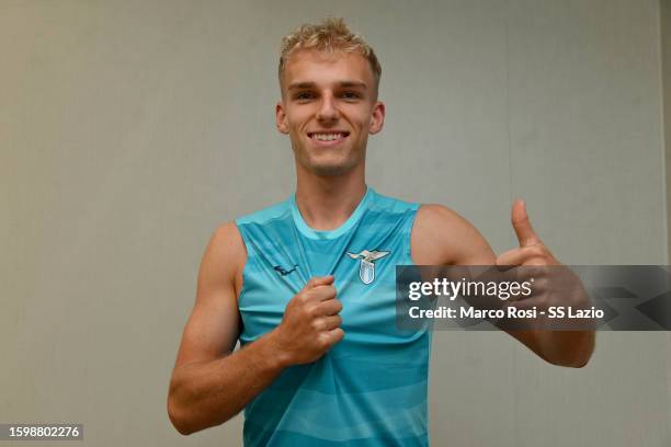 Lazio new signing Gustav Isaksen after medical tests at the Paideia International Hospital on August 07, 2023 in Rome, Italy.