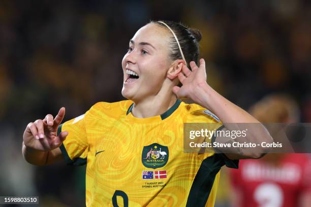 Caitlin Foord of Australia reacts to scoring her team's first goal during the FIFA Women's World Cup Australia & New Zealand 2023 Round of 16 match...