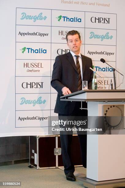 Henning Kreke, President and CEO of Douglas Holding AG attends the annual press conference at the Industry Club on January 22, 2013 in Duesseldorf,...