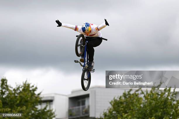 Kieran Reilly of Great Britain competes in his first run during the BMX freestyle Park, men elite - final at the 96th UCI Glasgow 2023 Cycling World...