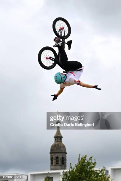 Declan Brooks of Great Britain competes in his first run during the BMX freestyle Park, men elite - final at the 96th UCI Glasgow 2023 Cycling World...