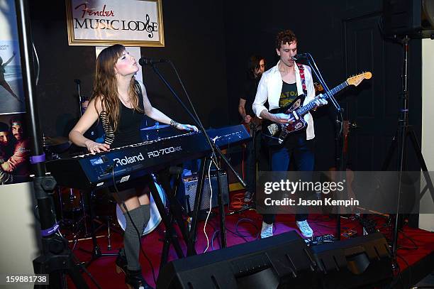 Sarah Fennell and Matt Sheehy of the band Lost Lander perform at the Terms And Conditions May Apply: Privacy Invasion Party on January 21, 2013 in...