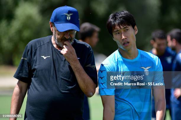Lazio head coach Maurizio Sarri and Daichi Kamada of SS Lazio during the SS Lazio training session at the Formello sport centre on August 07, 2023 in...