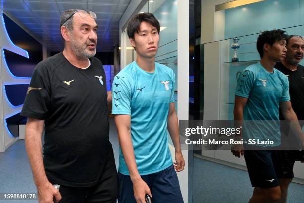 Lazio head coach Maurizio Sarri and Daichi Kamada of SS Lazio during the SS Lazio training session at the Formello sport centre on August 07, 2023 in...