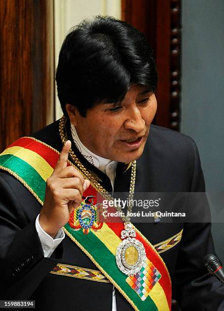 Bolivian President Evo Morales Ayma during his speech to inform about his government during the celebration of the third anniversary of the...