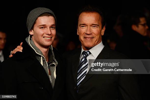 Actor Arnold Schwarzenegger and Patrick Schwarzenegger attend the European Premiere of "The Last Stand" at Odeon West End on January 22, 2013 in...