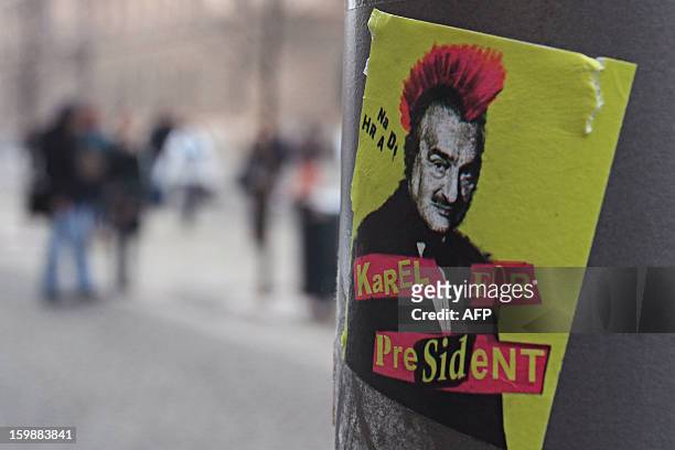 Campaign poster of Czech Presidential candidate Karel Schwarzenberg depicts him as a punk with red hair on January 22, 2013 in Brno, Czech Republic...