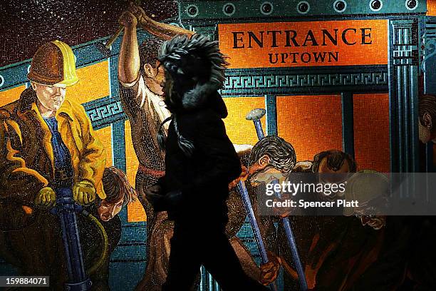 Man walks by a mural in a Times Square subway station near where a person jumped in front of a train on January 22, 2013 in New York City. New York...